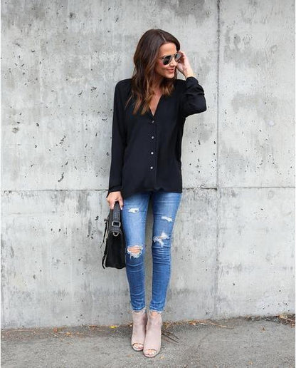 4 Colors V-Neck Long Sleeve Solid Color Women Shirt Cardigan