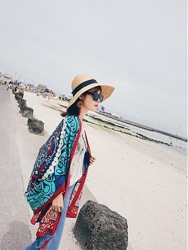 Blue Women Bohemia Floral Tassels Scarf&Cap