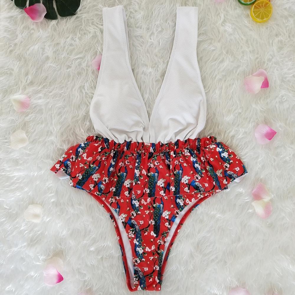 Ruffled Print V-Neck Bow Ins Style One Piece Swimsuit