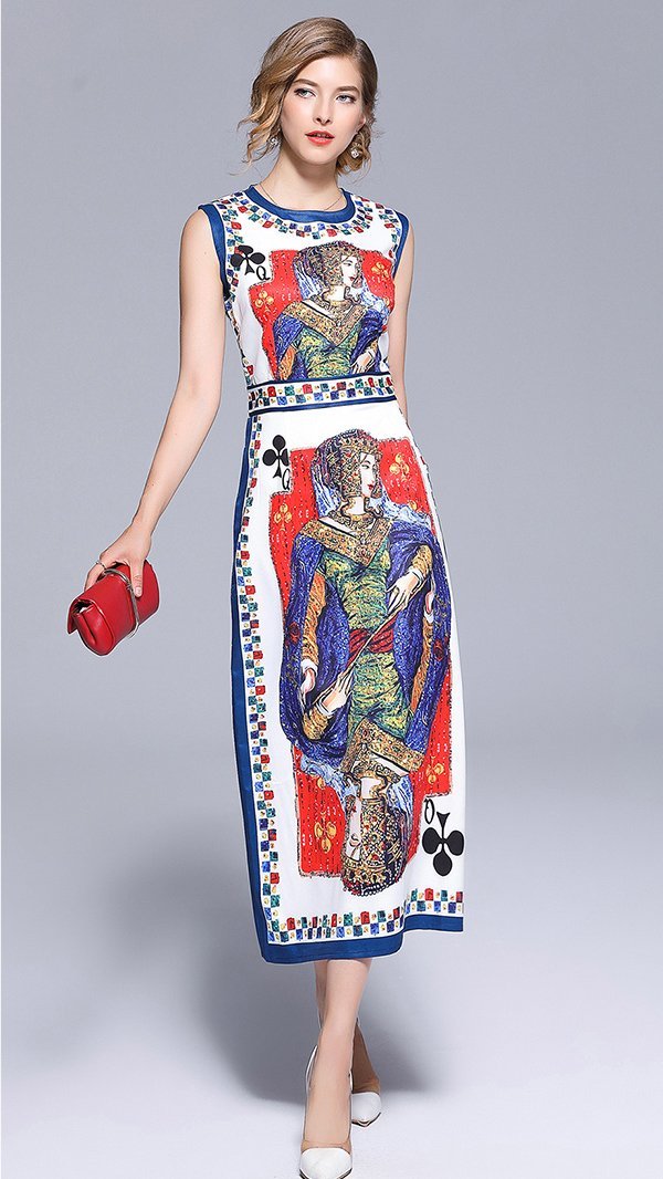 New Stylish Slim Fit Split Hem Poker Printing Vest Dress