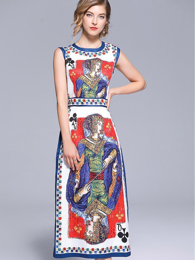 New Stylish Slim Fit Split Hem Poker Printing Vest Dress