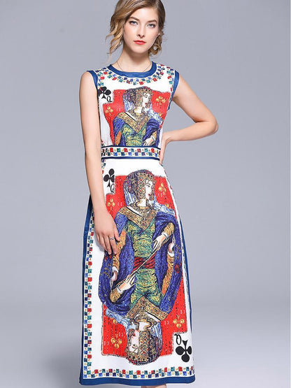 New Stylish Slim Fit Split Hem Poker Printing Vest Dress