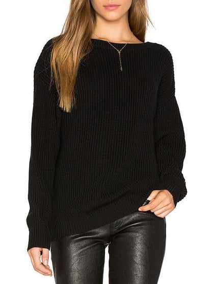 Knitting Backless Round-Neck Long Sleeves Sweater Tops
