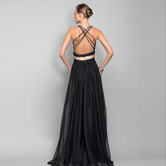 Two-Color Sleeveless V-Neck Maxi Evening Dress