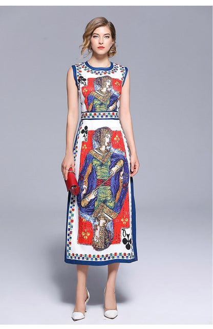 New Stylish Slim Fit Split Hem Poker Printing Vest Dress