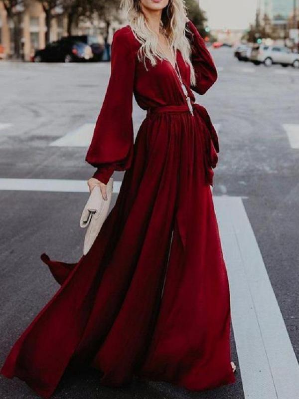 Sexy V Neck Long Sleeve Split Maxi Dress With Belt