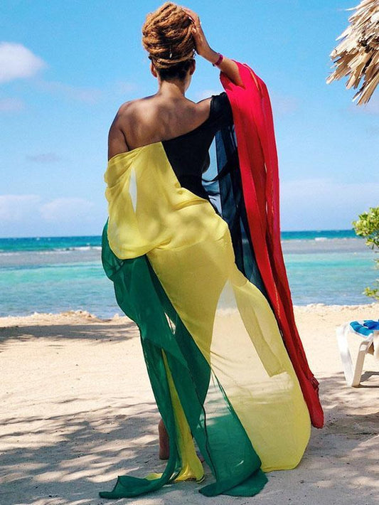 Split-Joint Loose Plus Size Printed Chiffon Swimwear Cover-Up