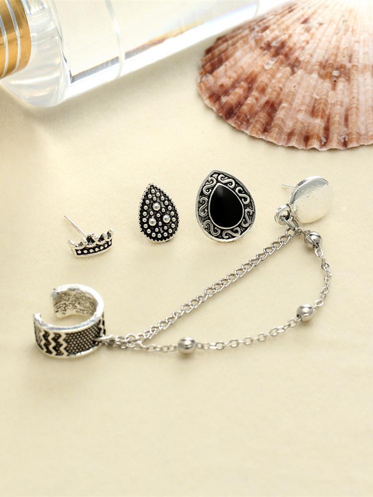 4 Pcs Vintage Chain Tassels Crown Water Drop Pattern Earrings