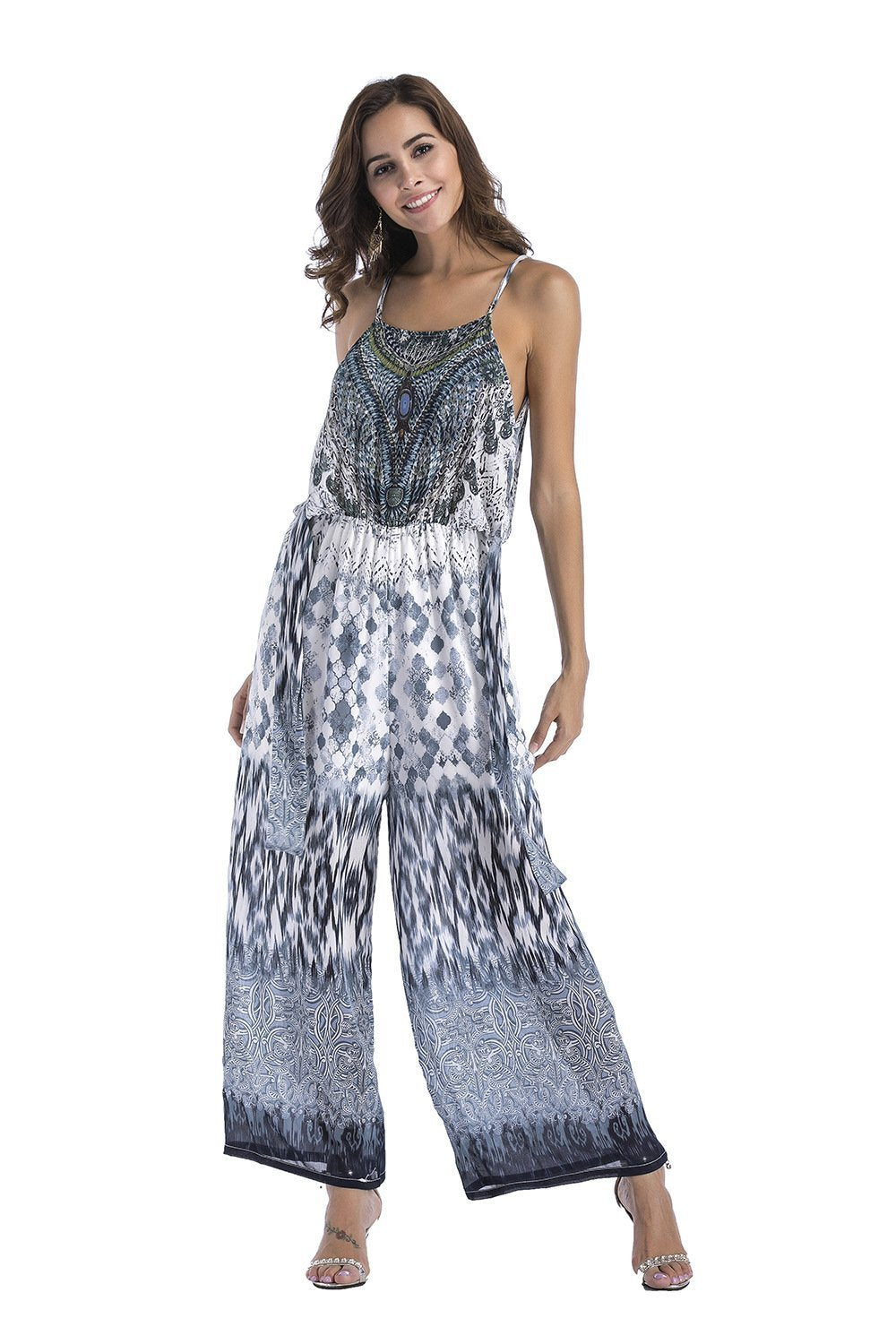 5 Pattern Wide-Leg Pants Sexy Halter V-Neck Lady Print Panties Chiffon Rompers