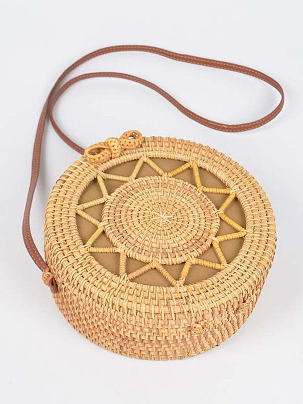 Round Rattan Bag With Sunburst Pattern