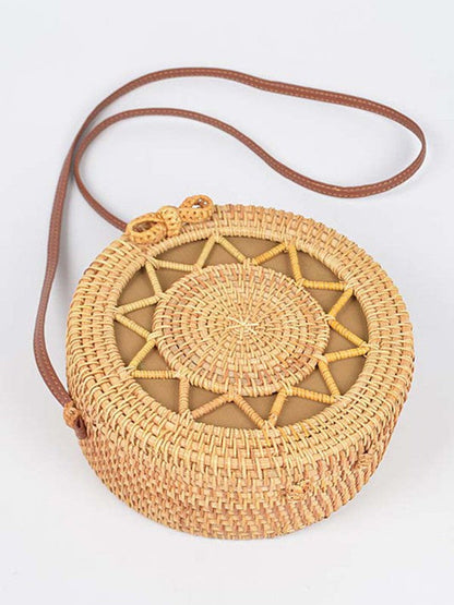 Round Rattan Bag With Sunburst Pattern