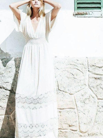 Bohemia V-Neck Stitching Lace Cover-Up Beach Dress