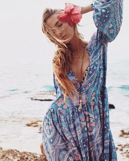 Bohemian Floral Long Sleeve V-Neck Button Maxi Loose Dress