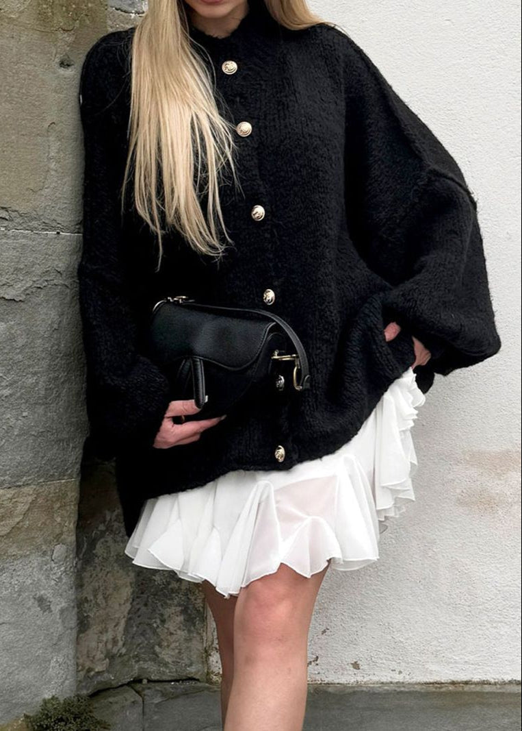 Oversized Button Front Knit Cardigan Beige Black