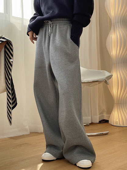 Simple Solid Color Drawstring  Waist Velvet Casual Wide Leg Pants