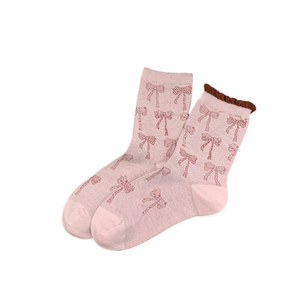 Rufia - Retro Doodle Bow Crew Socks - Sweet &amp; Stylish
