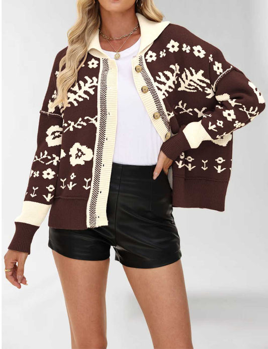 Vintage Floral Print Loose Knit Cardigan