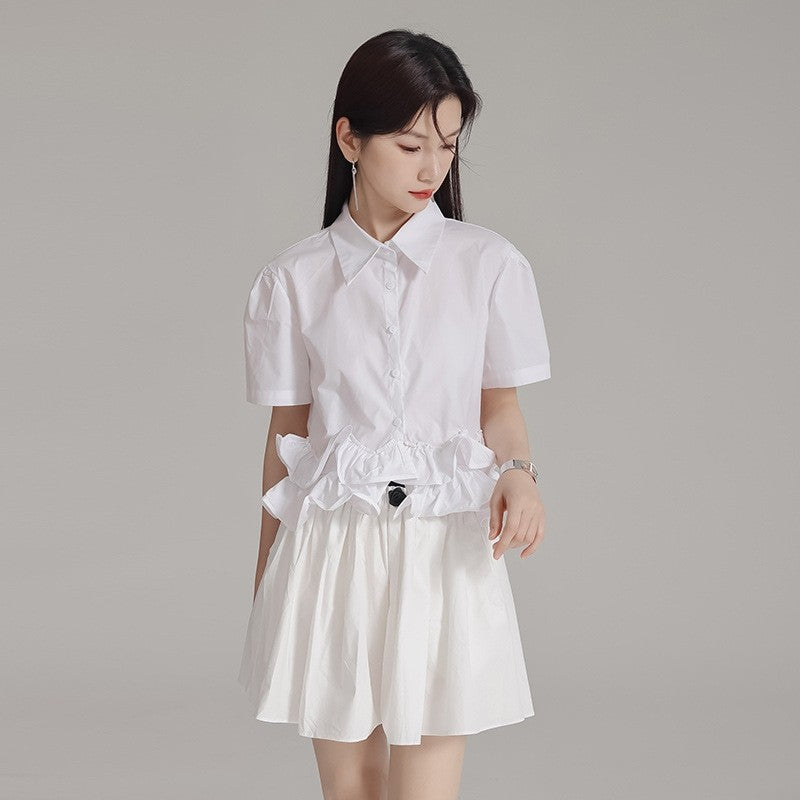 Pleated Ruffled Lapel Long Sleeve Blouse