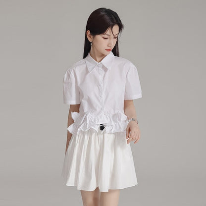 Pleated Ruffled Lapel Long Sleeve Blouse