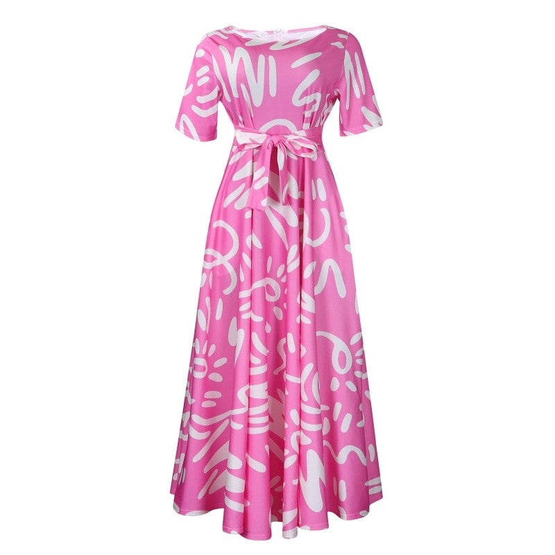 Printed Short Sleeve Flared Dress