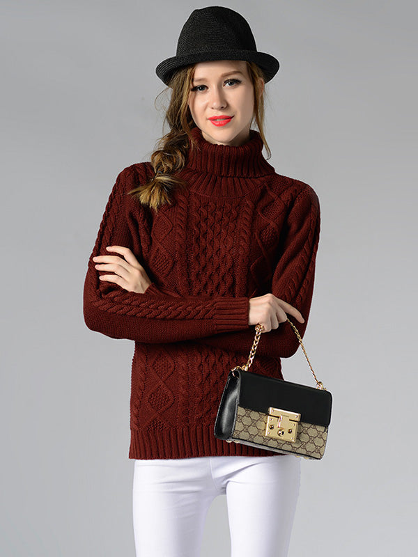Casual 5 Colors Jacquard High-Neck Long Sleeves Sweater Top