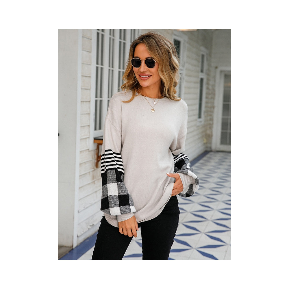 Casual Long Sleeves Loose Checkered Round-Neck Sweater Tops