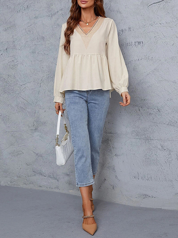 Long Sleeves Loose Embroidered Solid Color Split-Joint Blouses&Shirts Tops
