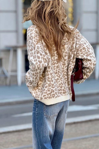 Soft Brown Leopard Print Loose Knit Cardigan