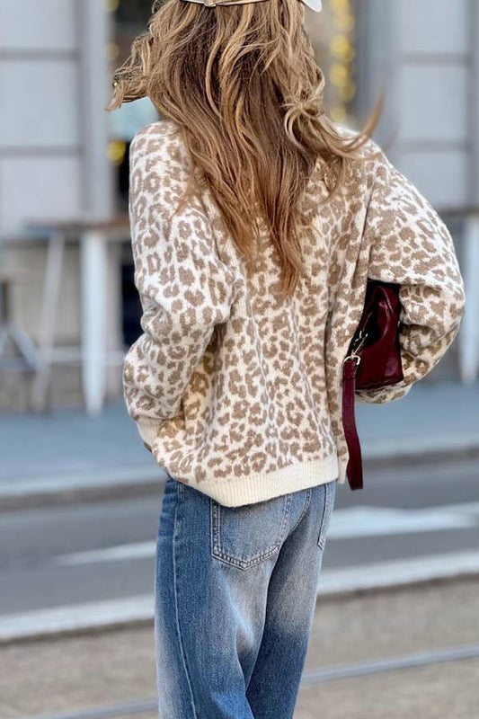 Soft Brown Leopard Print Loose Knit Cardigan