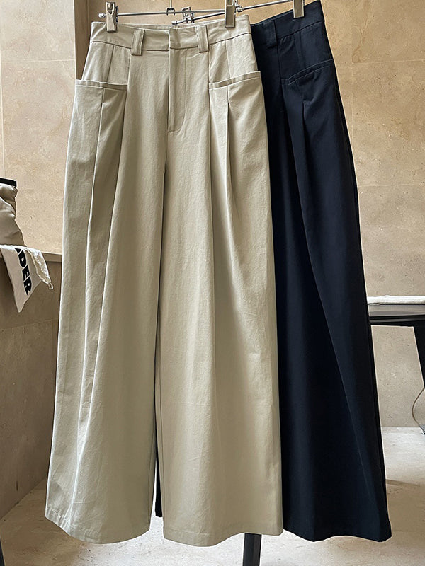 Original Loose Wide Legs Pleated Solid Color Pants