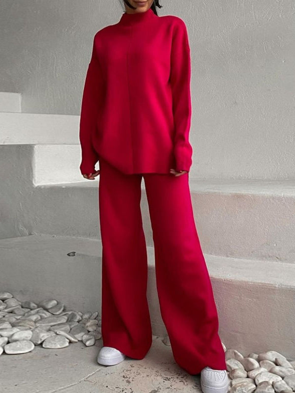Loose Solid Color High-Neck Sweater Tops&Pants Suits