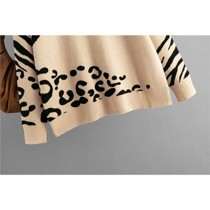 Leopard Print Long Sleeve Crew Neck Loose Sweater