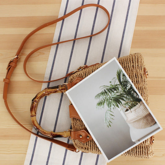 Cosbai - Vintage Woven Bag With Handles And Adjustable Strap