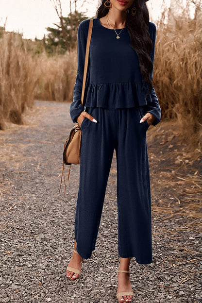 Temperament casual suit solid color long-sleeved top loose trousers