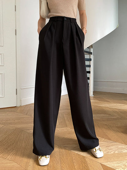 Loose Wide Leg Pleated Solid Color Pants Trousers