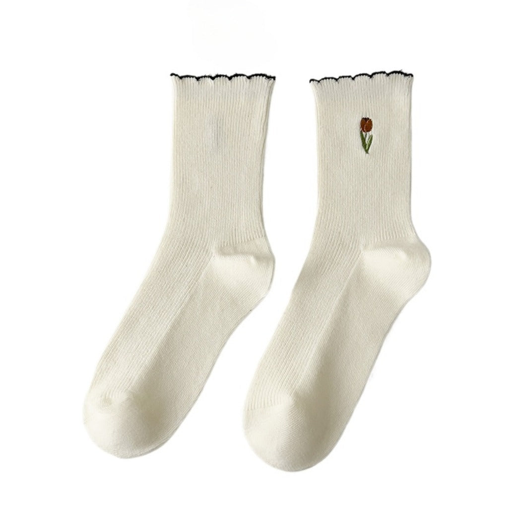 Rufia - Solid-Color Floral Tulip Socks - Sweet &amp; Classic