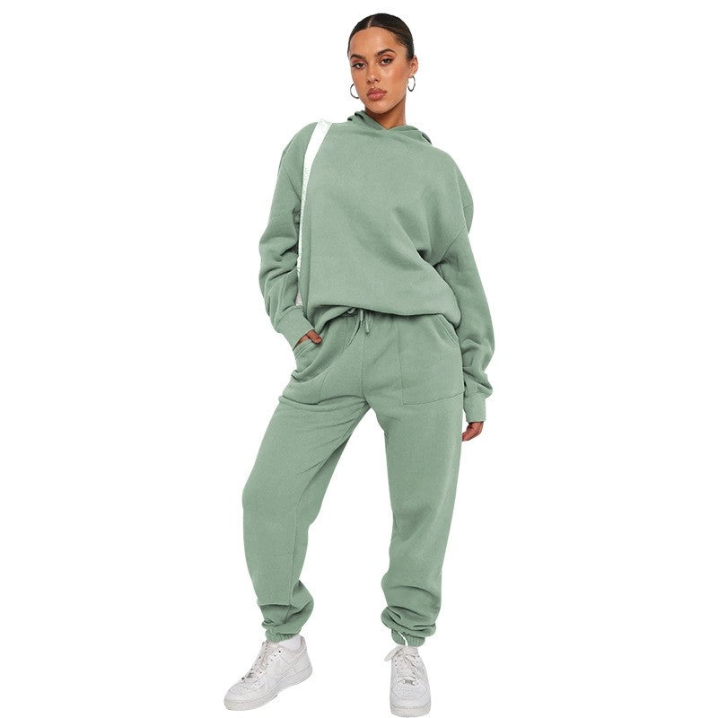 Solid Color Hooded Long Sleeve Sweatshirt Long Pants Set