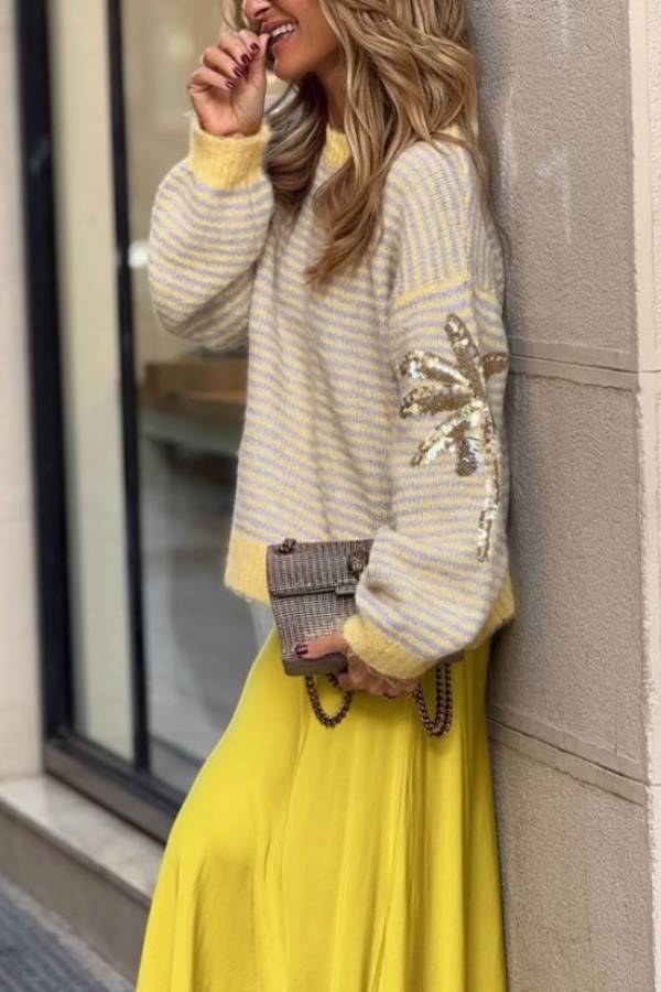 Striped\/Sequined Sweater