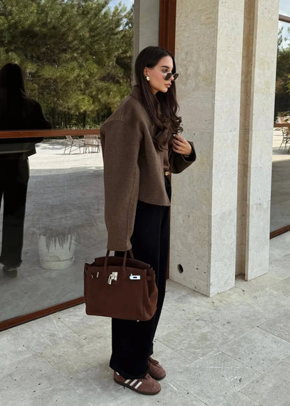 Woolen Lapel Jacket With Front Zipper Closure