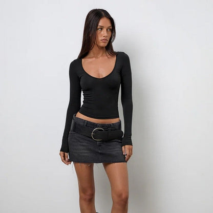 Short Crop Slim Solid U-Neck Long Sleeve Tee
