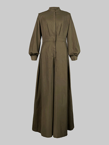 Long Sleeves Loose Buttoned No Belt Solid Color V-Neck Jumpsuits
