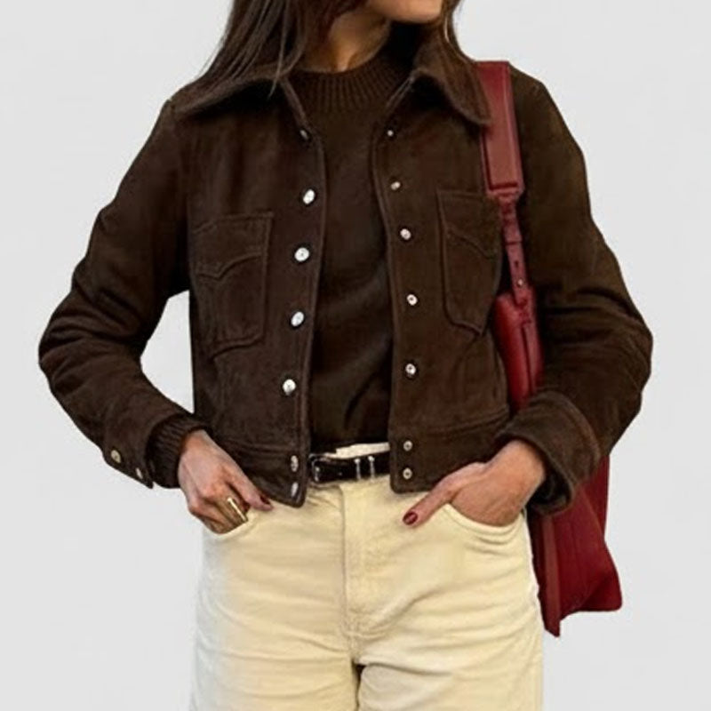 Casual Lapel Collar Suede Single Button Cropped Coat