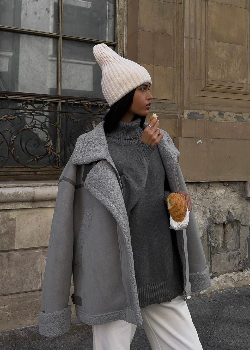 Shearling Aviator Jacket With Buckle Accents
