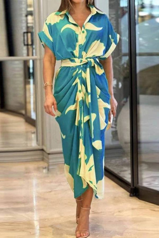 V-Neck Pleated Belt Short Sleeve Dress