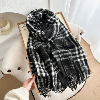 Color Block Plaid Fringe Scarf