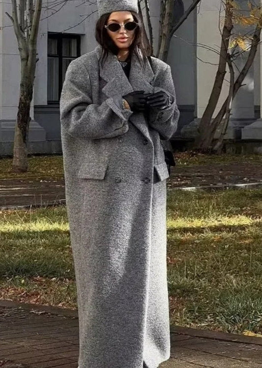 Long Wool Coat Buttoned Gray Tailored Fit
