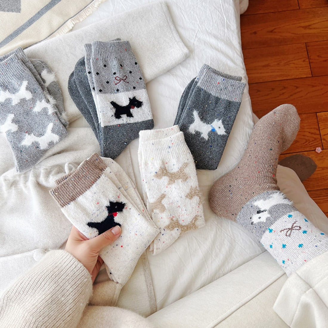 Rufia - Gray and White Dog Pattern Thick Warm Socks