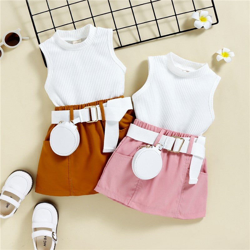 Crewneck Sleeveless Ribbed Vest And Skirt And Belted Waist Bag Three Pieces Suits