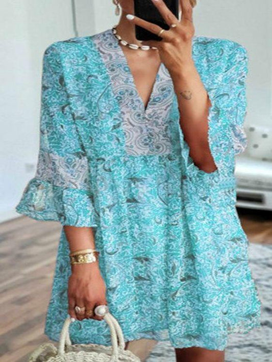 New Style Loose Women'S Sleeved Chiffon Print Dress