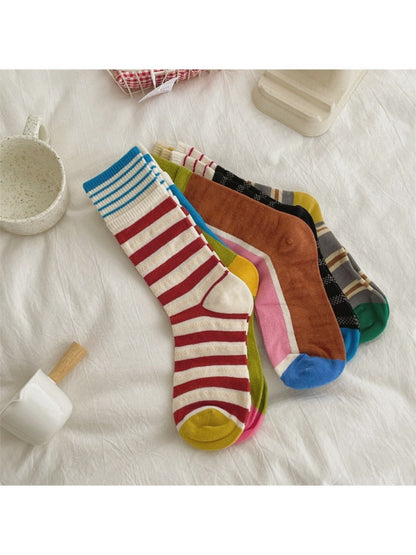 Rufia - Colorful Patchwork Stripe Mid-Calf Socks - Classic &amp; Fresh